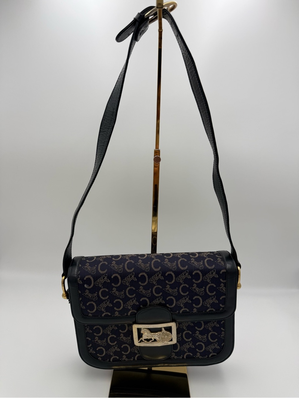 Celine Navy Monogram Crossbody with Black Trim and Gold Hardware